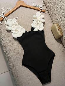 GlowEve Women's Elegant Sexy Black And White Bodysuit,Handmade Floral Bowknot Strap French Style, Contrast Color Design For Summer,Party Beach Night Vacation - Black and White - View 7