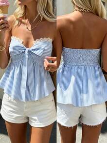 GlowEve Women's Casual Striped Lace Trim Tie Front Camisole Top, Summer - Blue and White - View 5