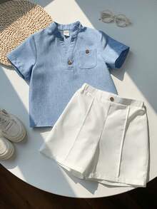SHEIN LMoss Kids 儿童男童休闲V领短袖衬衫和短裤两件套 - 藍白色 - 查看 4
