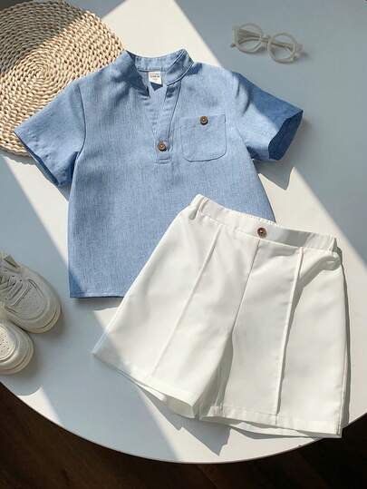SHEIN LMoss Kids Bộ 2 áo sơ mi tay ngắn cổ chữ V thường ngày và quần short cho bé trai