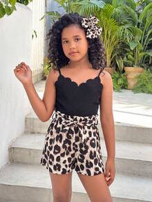 Tween Girls' Casual Everyday Vacation Petal Collar Patchwork Contrast Leopard Print Jumpsuit - Black - View 6