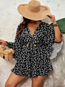 SHEIN VCAY 大码系带喇叭袖碎花连体裤，适合夏季穿着 - 彩色 - 查看 4