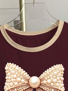 Women's Color Block Bow Print Round Neck T-Shirt - Multicolor - View 3