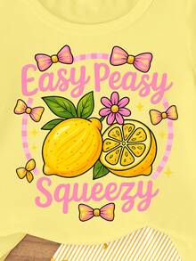 Elladie kids Spring And Summer Girls Casual Fashionable Creative Personalized Fresh Minimalist Summer Fruit Lemon Bow Decor Funny Pattern Print Casual Basic Short T-Shirt And Bike Shorts Set, Comfortable Outfit, Suitable For Spring, Summer And Autumn - Multicolor - View 6