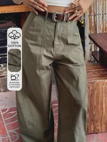 Dazy Tall Calça Cargo Casual Feminina de Cintura Alta, Cor Sólida, com Bolsos Grandes, Estilo de Rua - Verde Militar - Visão 1