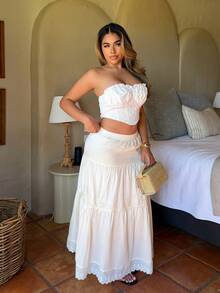 女士长款撞色蕾丝喇叭裙 - 杏色 - 查看 5