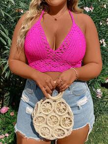 SHEIN MOOSTA Plus Size Women Handmade Crochet Neck Tie Beach Cover Up Knitted Cover Up For Summer Beach Vacation - Hot Pink - View 3