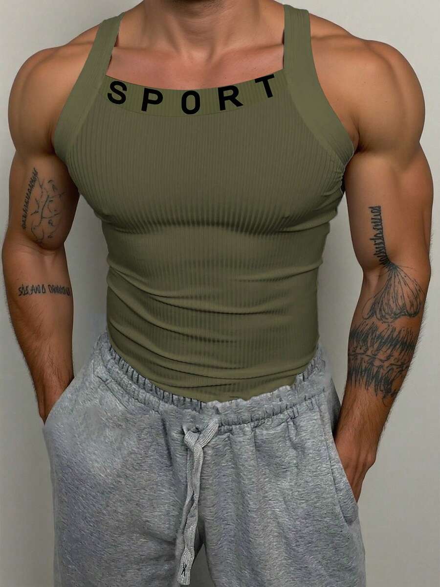 GymBeat 男士百搭字母印花簡約運動背心,戶外跑步健身休閒,健身房 - 白色 - 查看 1