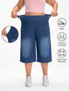 Flexra Quần jean denim dáng casual đường phố, cạp chun co giãn dành cho nữ cỡ lớn, mùa hè. - Rửa tối - Xem 1
