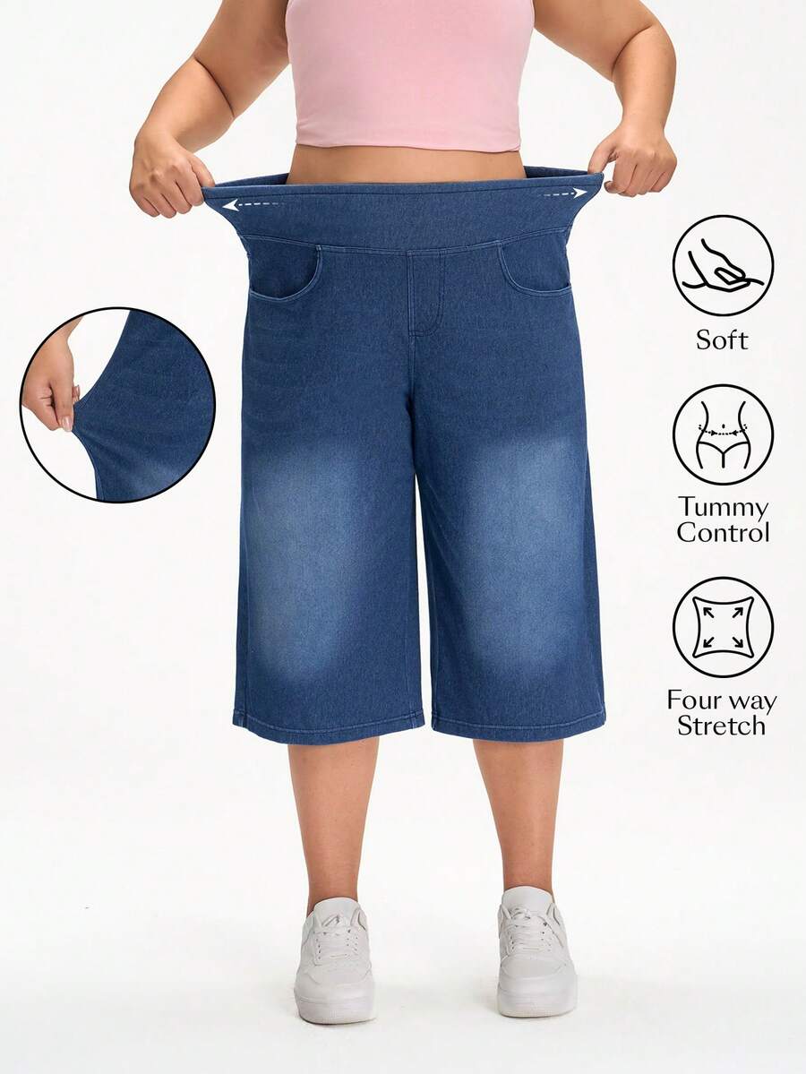Flexra Quần jean denim dáng casual đường phố, cạp chun co giãn dành cho nữ cỡ lớn, mùa hè. - Rửa tối - Xem 1