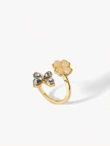 Opalesca 4pcs Ins Style Faux Pearl & Rhinestone Butterfly Flower Rings Set, Faux Gemstone 5-Petal Flower Stackable Rings For Women - Gold - View 4