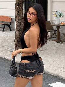 valorelle valorelle 女士休闲性感黑色深V镂空绳饰简约露背系带连体衣，性感 - 黑色 - 查看 2