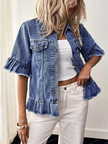EMERY ROSE Plus Size Women Casual Single-Breasted Frayed Hem Denim Jacket, Versatile For Daily Wear - Blue - View 7