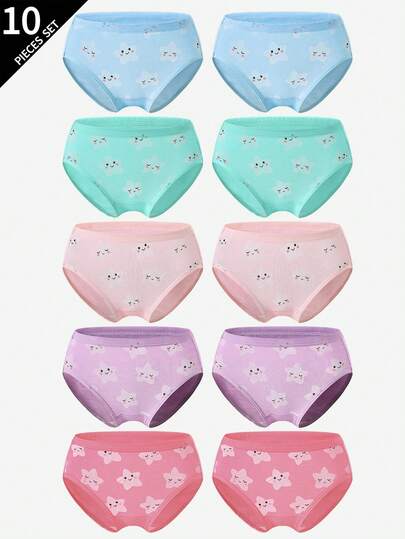 SHEIN GraphicGems Bộ 10 chiếc quần lót trẻ em gái in hình hoạt hình dễ thương như mây, trái tim, ngôi sao, hình động vật, hình thỏ nhiều màu sắc, phù hợp cho mọi mùa.