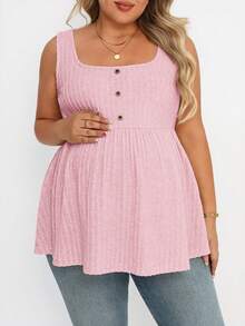 Plussiva Plus Size Maternity Button-Up Casual Blouse, Suitable For Outings And Vacations - Pink - View 3