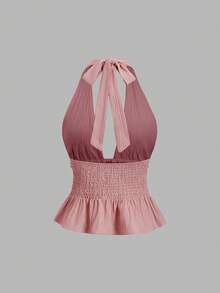 SHEIN Sweetro Bộ đồ nữ phong cách Bohemian màu mơ gồm áo hai dây cổ chữ V, dây mảnh đính sequin hình vỏ sò và quần ống rộng thoải mái, đa năng, thích hợp cho mùa xuân/hè. - Bụi hồng - Xem 4