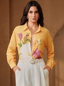 Anewsta 刺绣泡泡珠花卉印花设计时尚宽松休闲女式衬衫 - 黃色 - 查看 4