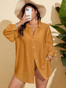 SHEIN X Sofía Suescun Swim Vcay Áo sơ mi dài tay cài cúc một dây dành cho nữ cỡ lớn, áo kiểu đi biển cỡ lớn. - trái cam - Xem 1