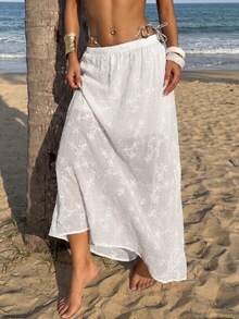 Sunnyshic Bộ váy chữ A cạp thấp buộc dây bằng vải jacquard hoa trắng, thanh lịch, ngọt ngào, dễ thương, lãng mạn, đa năng dành cho nữ, mùa xuân/hè, thích hợp cho kỳ nghỉ, đi biển, đám cưới. - trắng - Xem 1