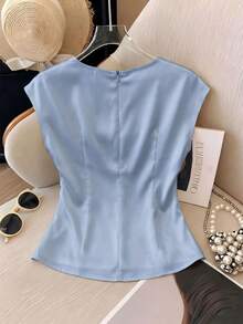 Franclia Áo kiểu nữ thanh lịch cổ tròn, ôm eo, xếp ly, tay ngắn, màu hồng đào nhạt, đa năng. - Màu xanh lam - Xem 2