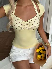 SHEIN CovetEZ Áo thun nữ màu vàng kiểu dáng thường ngày, in chấm bi, tay bồng. - Màu vàng - Xem 4
