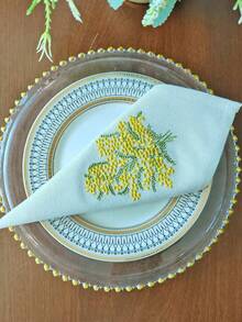 Cirelle Embroidered Mimosa Napkins, Yellow Floral Botanical Table Decor, Hand-Embroidered Washable Cloth Napkin For Spring Dining, Wedding & Tea Party - Multicolor - View 11