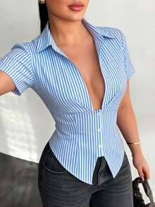 BamGleam French-Style Slim-Fit Blue And White Striped Short-Sleeved Sexy And Elegant Women's Blouse, Suitable For University Campus Wear. Button-Down Top, Blue Striped Shirt, New Summer And Autumn Style Women's Blue Striped Waist-Tie Slim-Fit Long-Sleeved Blouse, Back Tie, Deep V-Neck. - Blue and White - View 1