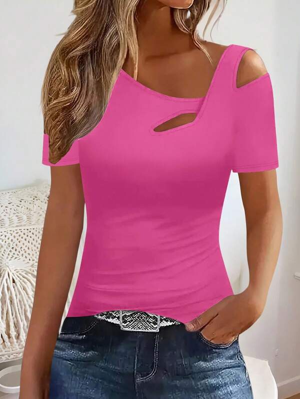 Women's Solid Color Asymmetric Collar Fitted Short Sleeve T-Shirt