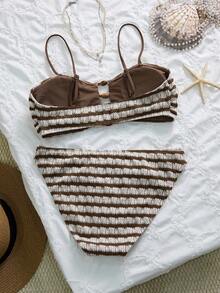 SHEIN Swim Lushore 欧美新款夏季性感条纹撞色串珠露背比基尼泳衣套装 - 彩色 - 查看 7