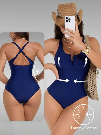 Shapewave Women's Solid Color Criss-Cross Back One-Piece Swimsuit For Vacation