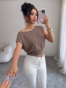 SHEIN Elenzya Asymmetric Waist Hem Oblique Shoulder Elegant Office Lady T-Shirt - Multicolor - View 5