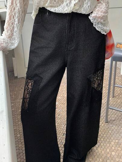 Dazy Plus Plus Size Women Casual Black Jeans With Sheer Lace Patchwork Design, Straight Leg, Suitable For All Seasons