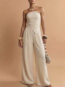 新款夏季休闲度假通勤波西米亚卡其色亚麻不规则褶裥背心+阔腿裤两件套，适合日常穿着、度假、旅行、海滩、西部风情、游牧生活方式、通勤、早午餐、机场穿搭、音乐节、演唱会、派对、节日、婚礼宾客着装 - A - 卡其色 - 查看 1