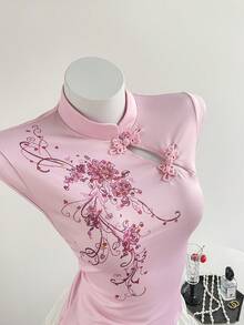 Elamini Retro Chinese Style Printed Stand Collar Button Slim Fit Summer T-Shirt For Women - Pink - View 1