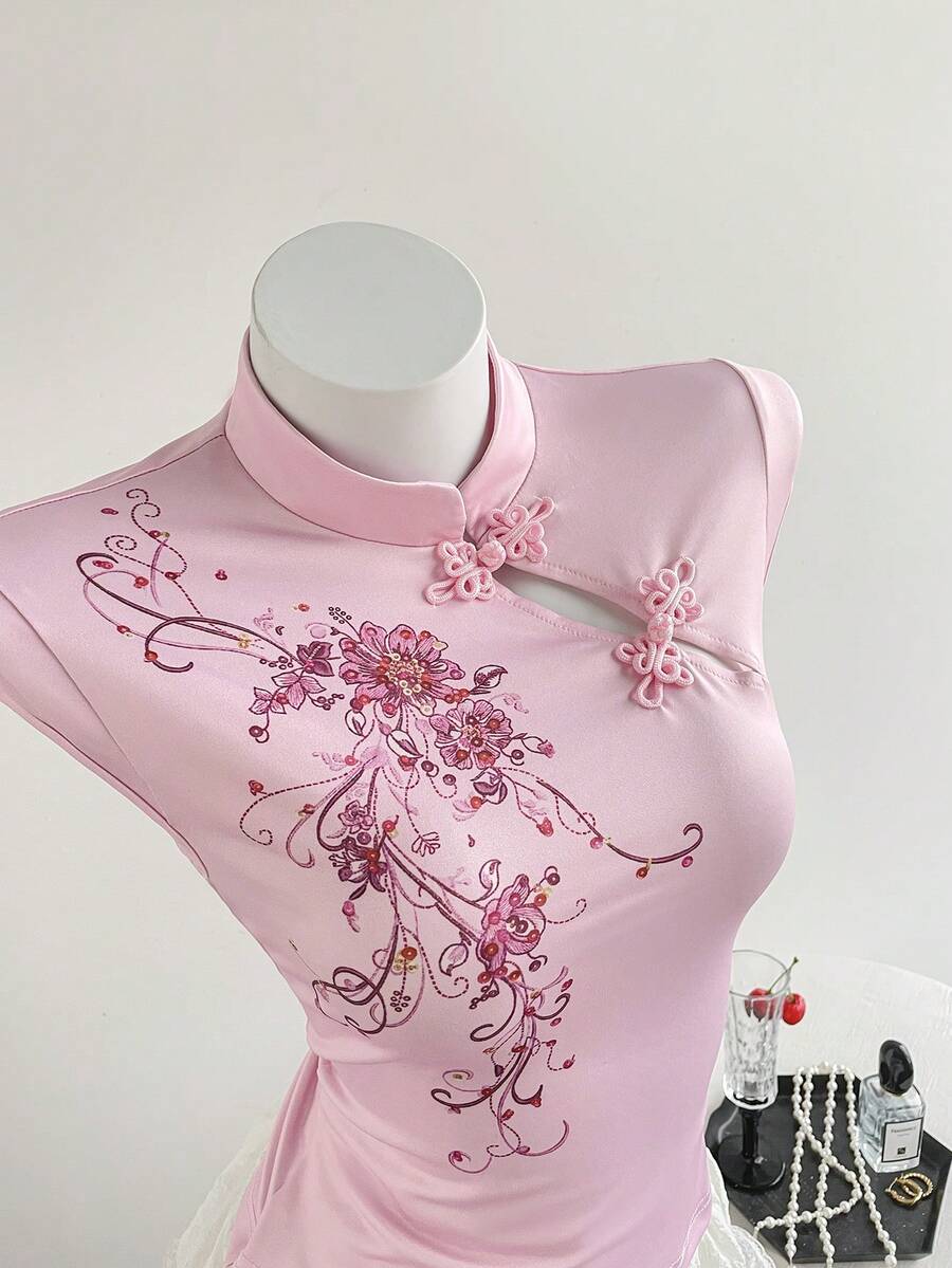 Elamini Retro Chinese Style Printed Stand Collar Button Slim Fit Summer T-Shirt For Women - Pink - View 1