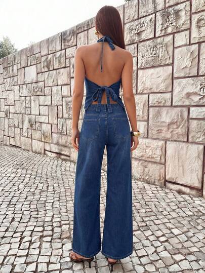 Avantive Women's Halter Tie-Up Backless Top And Casual Denim Pants Set, Daily Wear
