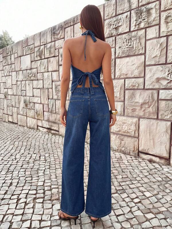Avantive Women's Halter Tie-Up Backless Top And Casual Denim Pants Set, Daily Wear