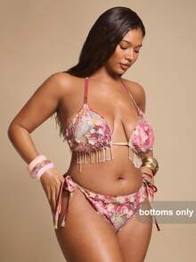 SHEIN BAE Plus Size Women's Red Beaded Bikini Bottom Summer Beach Vacation - Red - View 4