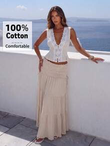 Aloruh Elegant Cream White Color Lace Trim Sleeveless Blouse For Summer Holiday Vacation - Apricot - View 7