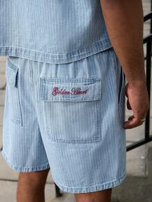 GALLERY FADE 男士街头时尚休闲条纹刺绣蓝色牛仔套装 - 淺色水洗藍 - 查看 4