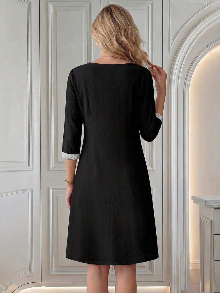 Elegant Party Mid-Length Black Dress With Rhinestone Decor, Suitable For Work/Spring,Autumn And Winter Elegant Party Occasion Ladies Elegant Dress,Summer Outfits Vacation Outfit For Women Spring Sunmmer