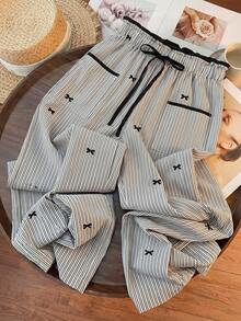 Everyssa 女士宽松休闲蝴蝶结条纹高腰口袋细节直筒裤，夏季 - 彩色 - 查看 1