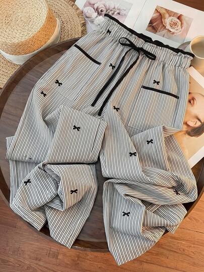 Everyssa 女士宽松休闲蝴蝶结条纹高腰口袋细节直筒裤，夏季