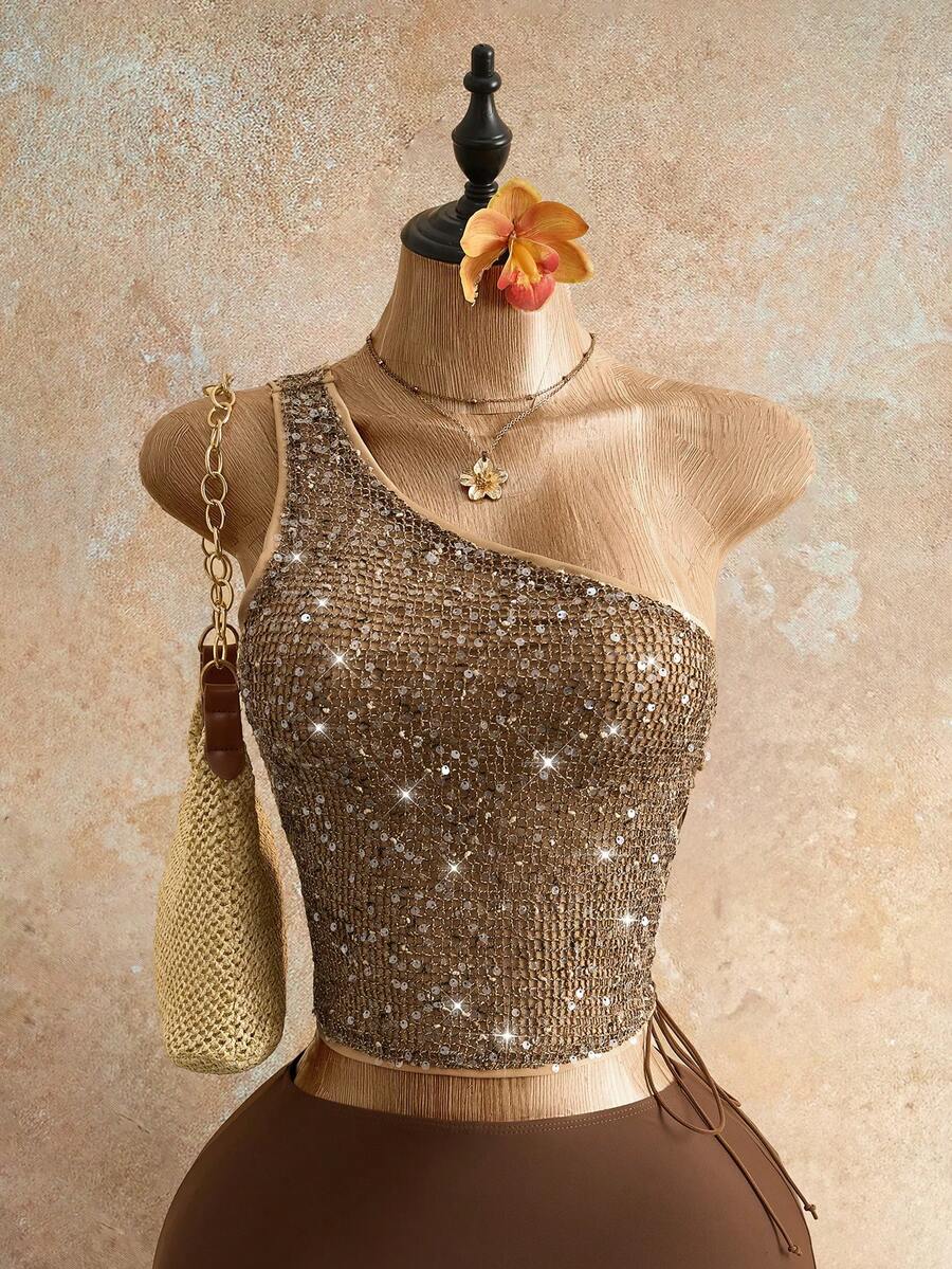 2026 Spring/Summer Mesh Beaded One Shoulder Side Tie Blouse For Women - Khaki - View 1