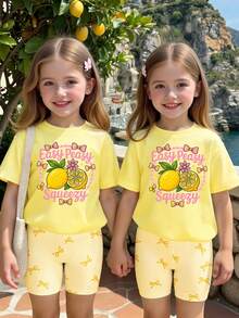 Elladie kids Spring And Summer Girls Casual Fashionable Creative Personalized Fresh Minimalist Summer Fruit Lemon Bow Decor Funny Pattern Print Casual Basic Short T-Shirt And Bike Shorts Set, Comfortable Outfit, Suitable For Spring, Summer And Autumn - Multicolor - View 3