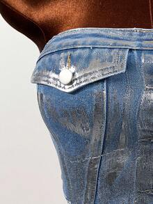 SHEIN Women's Sexy Fashion Street Snap Single-Breasted Cropped Bustier Denim Top, Summer - Blue - View 5