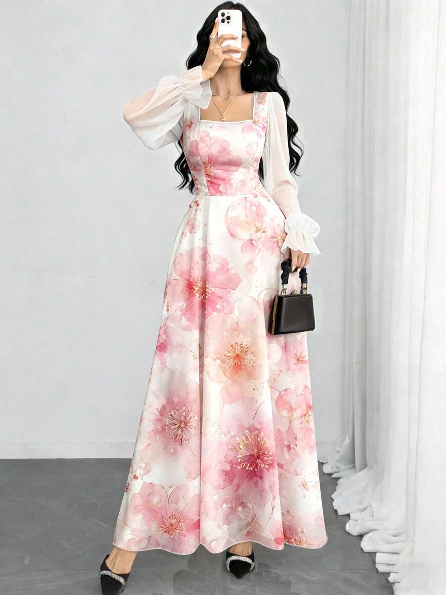 Modelyn Đầm dài tay cổ vuông in hoa thanh lịch dành cho nữ, thích hợp cho mùa xuân/hè. - Nhiều màu - Xem 1