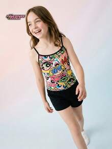 THE POWERPUFF GIRLS X SHEIN Maija Kids 少女修身休闲运动吊带背心，基础款套装 - 彩色 - 查看 2