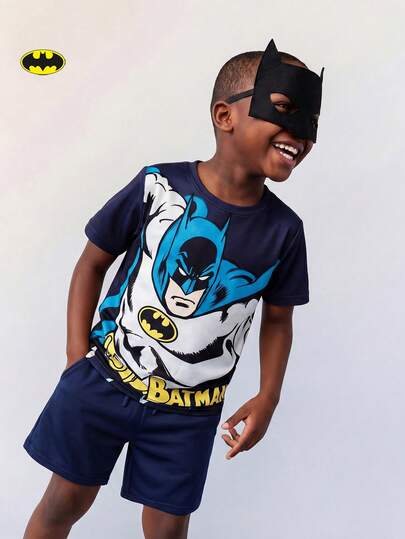 Maija Kids BATMAN X SHEIN Maija Kids Conjunto de duas peças para menina, composto por blusa de gola redonda de manga curta e máscara de dormir com estampa de animais de desenho animado em tricô macio.