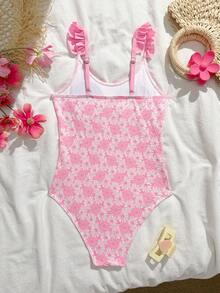 少女连体泳衣，粉白雏菊印花，特殊针织面料，可调节荷叶边，时尚休闲优雅，适合游泳、夏季度假、海滩、泳池、节日派对等场合。 - 淺粉色 - 查看 2